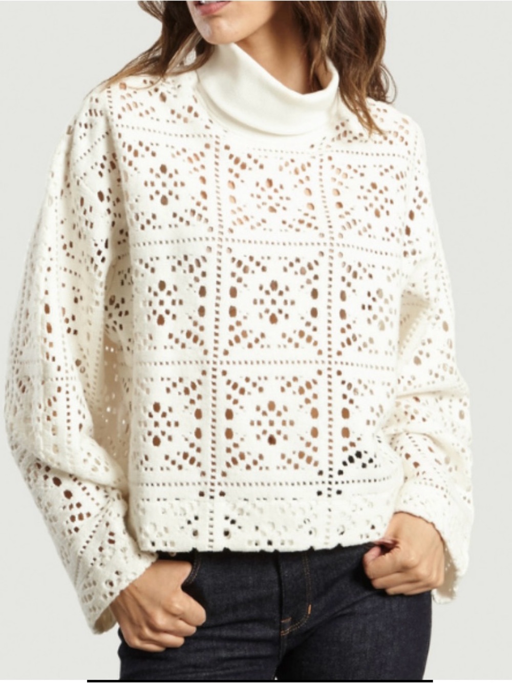 See By Chloe Cream Crochet Turtleneck Sweater